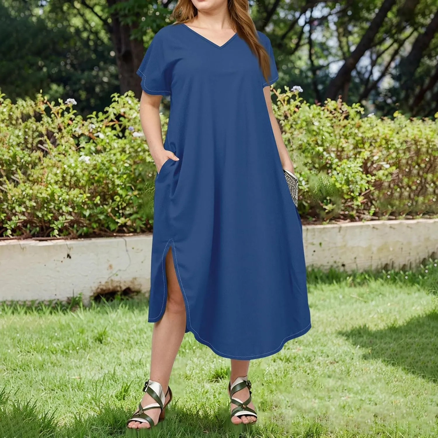 Summer Dresses for Women 2025 Maxi Split Hem Short Sleeve Beachy Dresses with Pockets Trendy Resort V-Neck Outfits