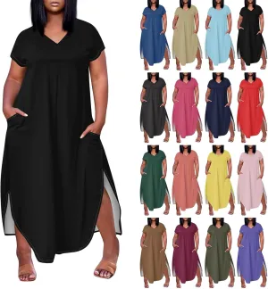 Summer Dresses for Women 2025 Maxi Split Hem Short Sleeve Beachy Dresses with Pockets Trendy Resort V-Neck Outfits