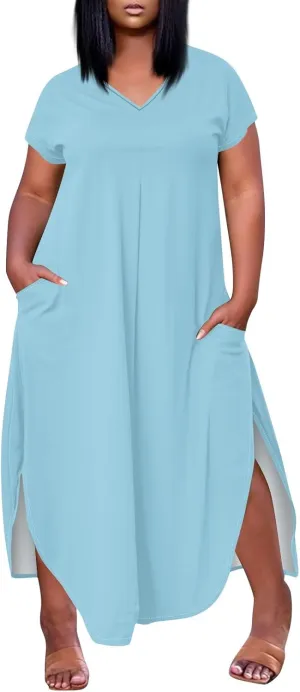 Summer Dresses for Women 2025 Maxi Split Hem Short Sleeve Beachy Dresses with Pockets Trendy Resort V-Neck Outfits