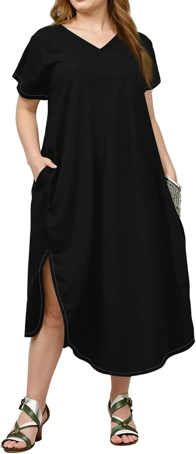 Summer Dresses for Women 2025 Maxi Split Hem Short Sleeve Beachy Dresses with Pockets Trendy Resort V-Neck Outfits