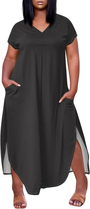 Summer Dresses for Women 2025 Maxi Split Hem Short Sleeve Beachy Dresses with Pockets Trendy Resort V-Neck Outfits