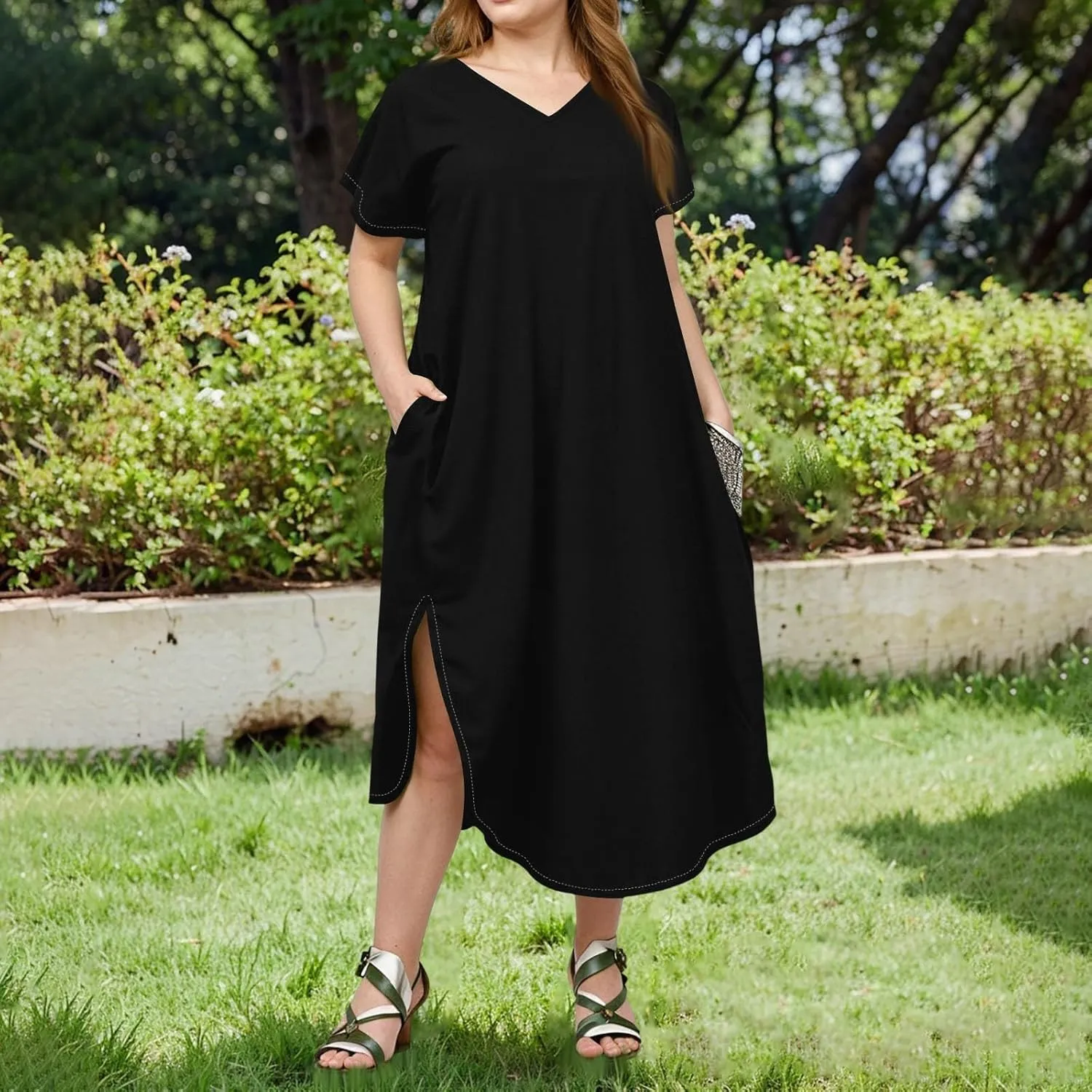 Summer Dresses for Women 2025 Maxi Split Hem Short Sleeve Beachy Dresses with Pockets Trendy Resort V-Neck Outfits