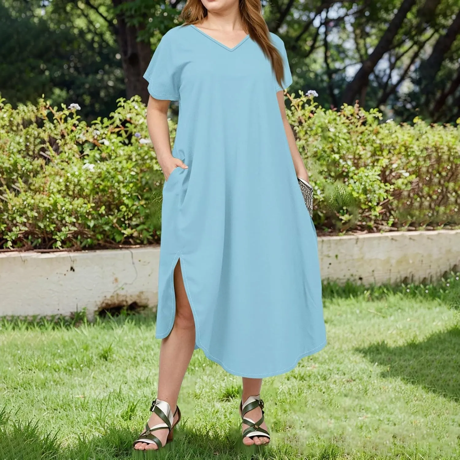 Summer Dresses for Women 2025 Maxi Split Hem Short Sleeve Beachy Dresses with Pockets Trendy Resort V-Neck Outfits
