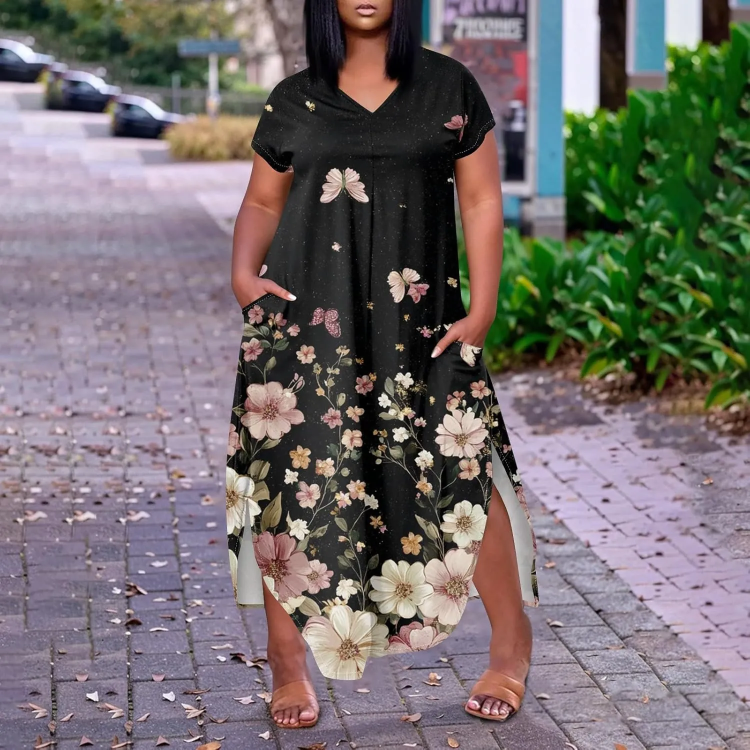 Summer Dresses for Women 2025 Maxi Split Hem Short Sleeve Beachy Dresses with Pockets Trendy Resort V-Neck Outfits