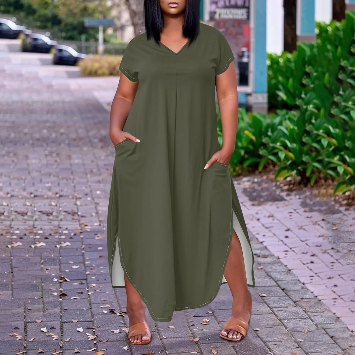 Summer Dresses for Women 2025 Maxi Split Hem Short Sleeve Beachy Dresses with Pockets Trendy Resort V-Neck Outfits