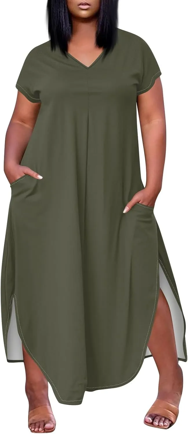 Summer Dresses for Women 2025 Maxi Split Hem Short Sleeve Beachy Dresses with Pockets Trendy Resort V-Neck Outfits