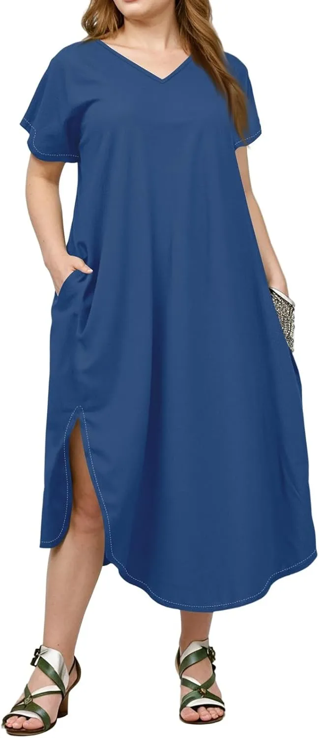 Summer Dresses for Women 2025 Maxi Split Hem Short Sleeve Beachy Dresses with Pockets Trendy Resort V-Neck Outfits