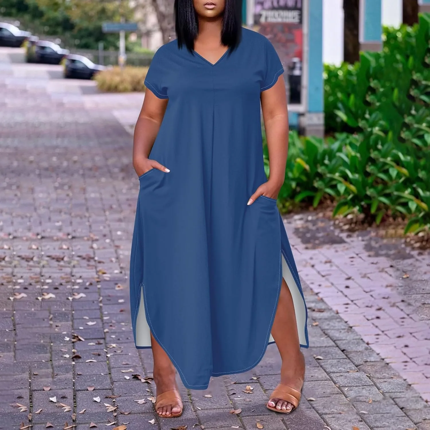 Summer Dresses for Women 2025 Maxi Split Hem Short Sleeve Beachy Dresses with Pockets Trendy Resort V-Neck Outfits