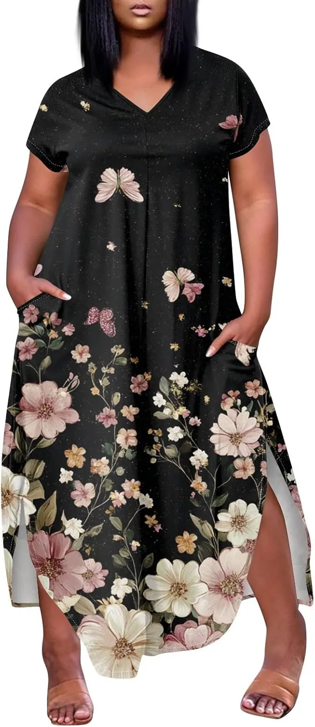 Summer Dresses for Women 2025 Maxi Split Hem Short Sleeve Beachy Dresses with Pockets Trendy Resort V-Neck Outfits