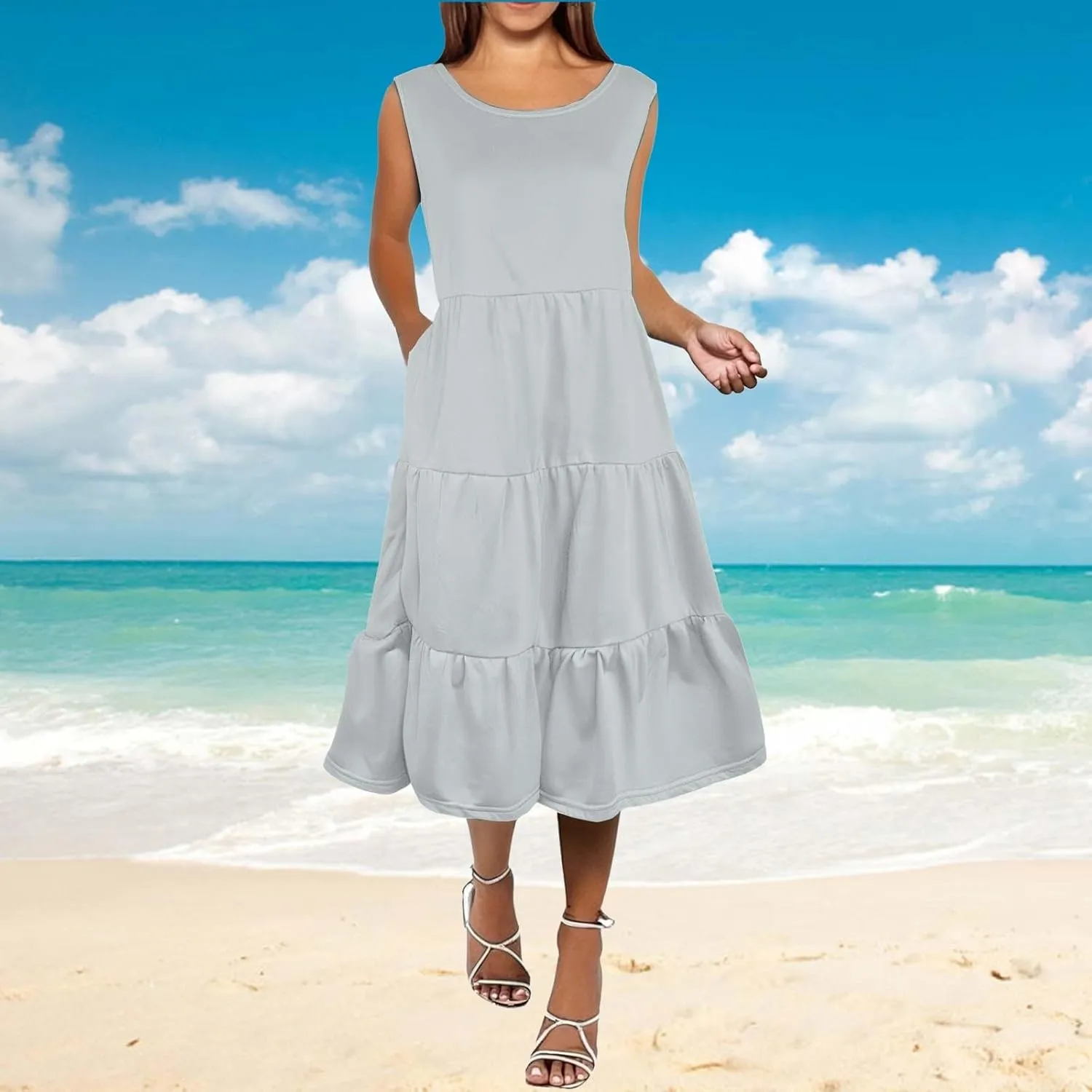 Summer Dresses for Women 2025 Sleeveless Crewneck Layered A-Line Midi Wedding Guest Boho Beach Vacation Sundresses