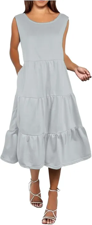 Summer Dresses for Women 2025 Sleeveless Crewneck Layered A-Line Midi Wedding Guest Boho Beach Vacation Sundresses