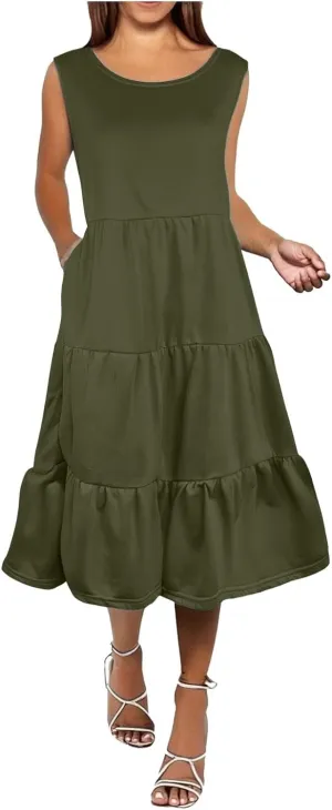 Summer Dresses for Women 2025 Sleeveless Crewneck Layered A-Line Midi Wedding Guest Boho Beach Vacation Sundresses