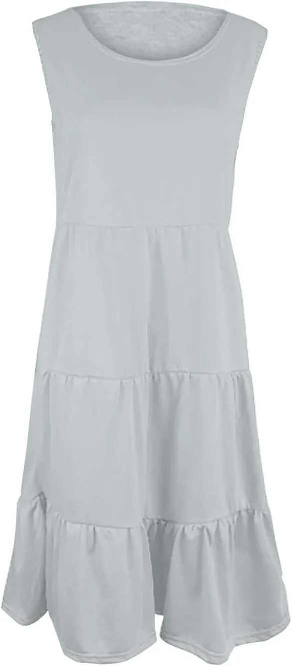 Summer Dresses for Women 2025 Sleeveless Crewneck Layered A-Line Midi Wedding Guest Boho Beach Vacation Sundresses