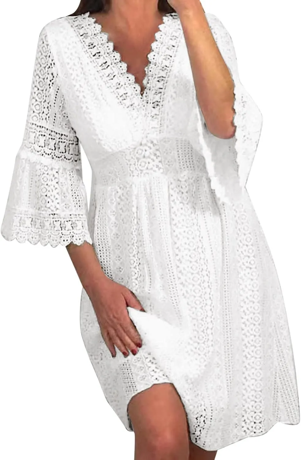 Summer Lace Dresses for Women 2025 Western Casual Half Sleeve Lace V Neck Midi Dress Club Solid Beachy Outfits for Women