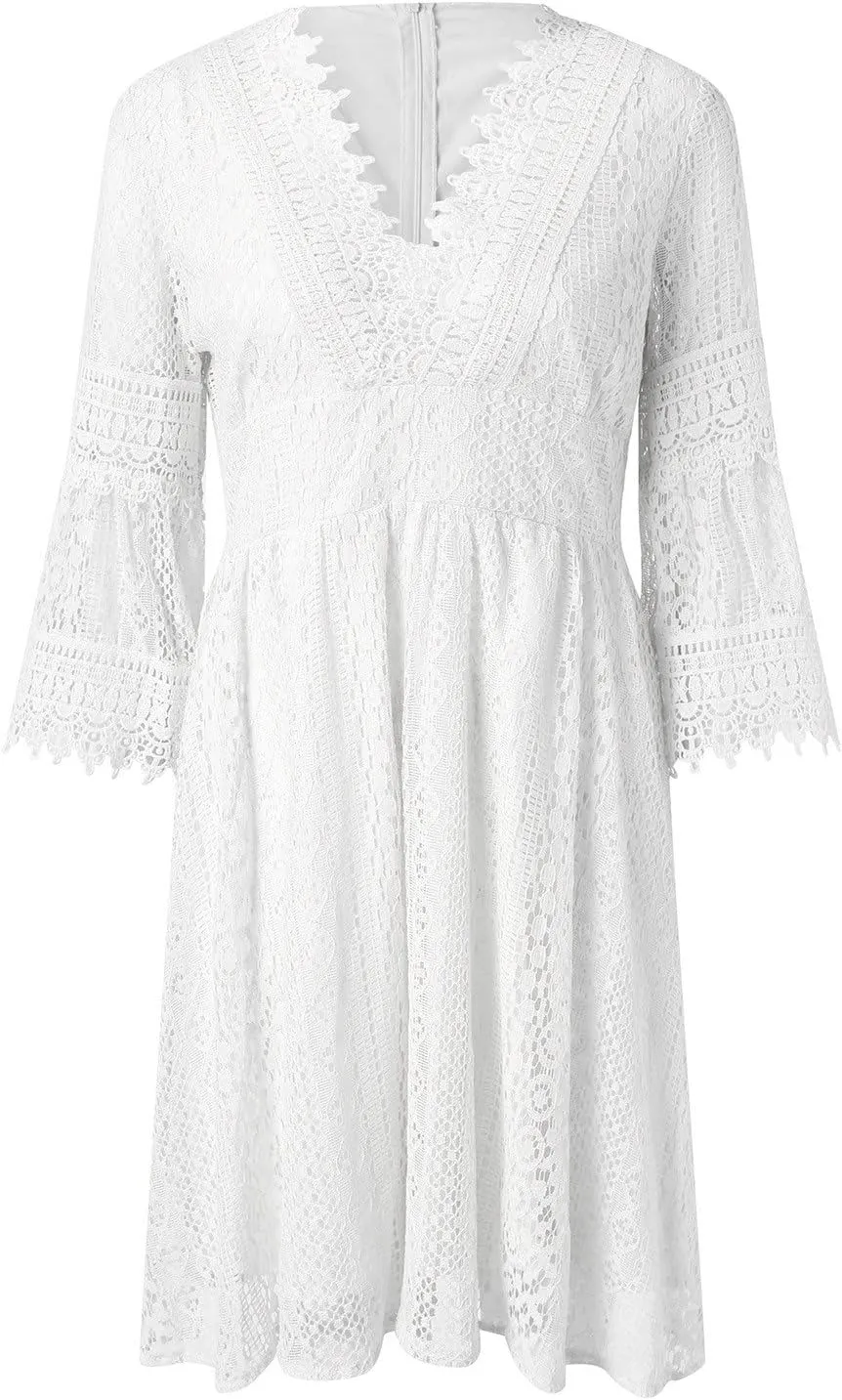 Summer Lace Dresses for Women 2025 Western Casual Half Sleeve Lace V Neck Midi Dress Club Solid Beachy Outfits for Women