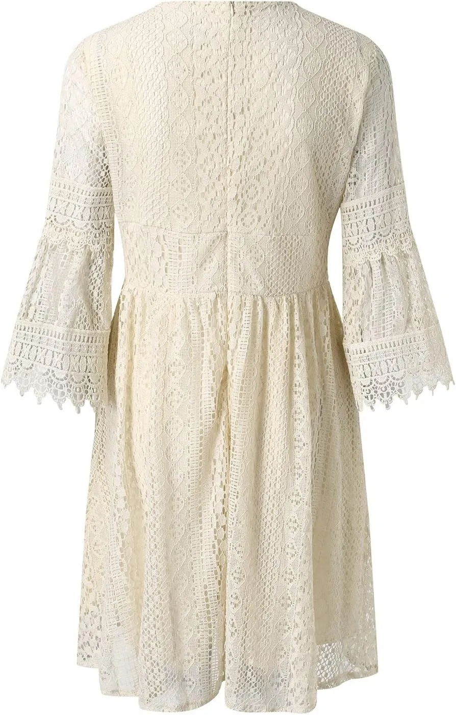 Summer Lace Dresses for Women 2025 Western Casual Half Sleeve Lace V Neck Midi Dress Club Solid Beachy Outfits for Women