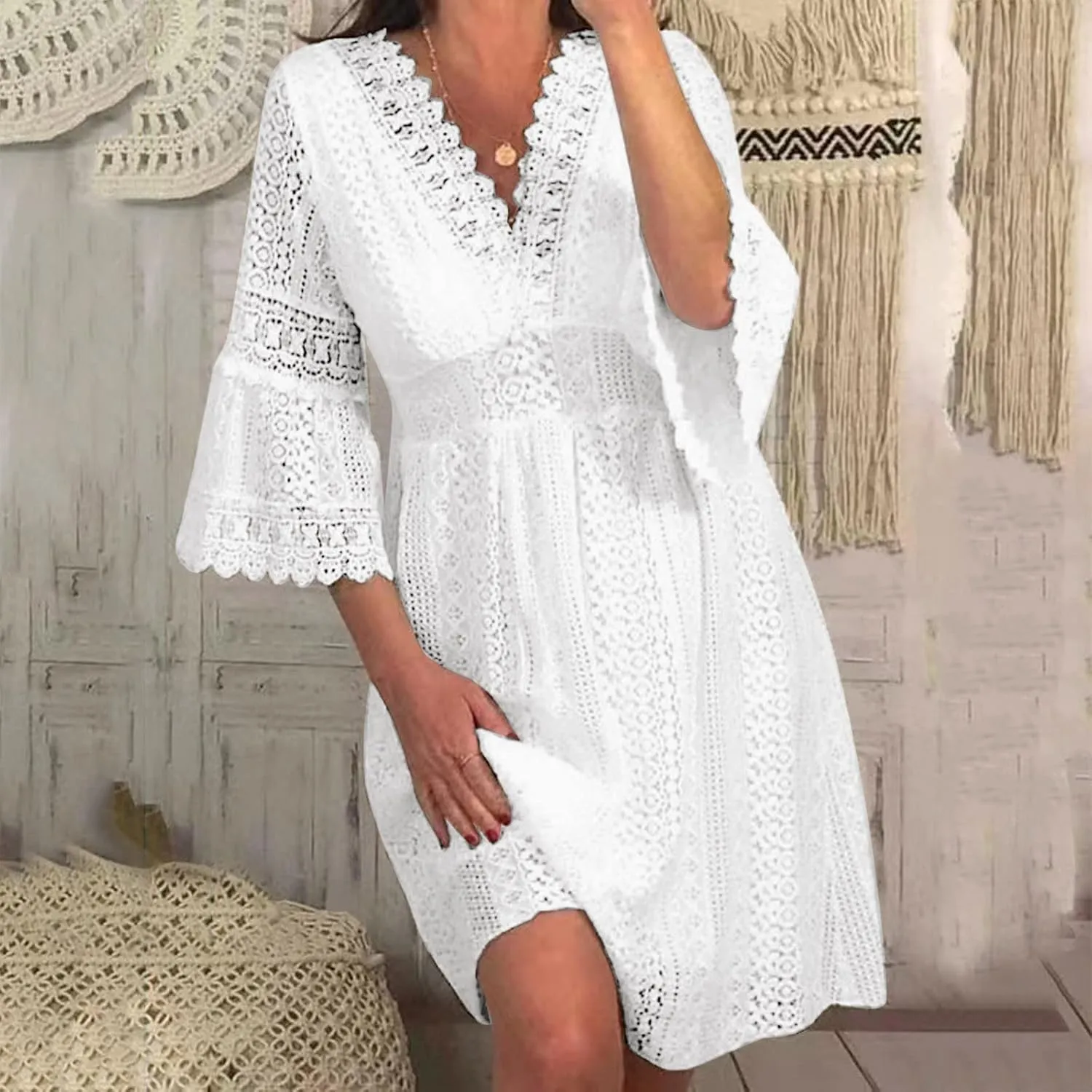 Summer Lace Dresses for Women 2025 Western Casual Half Sleeve Lace V Neck Midi Dress Club Solid Beachy Outfits for Women
