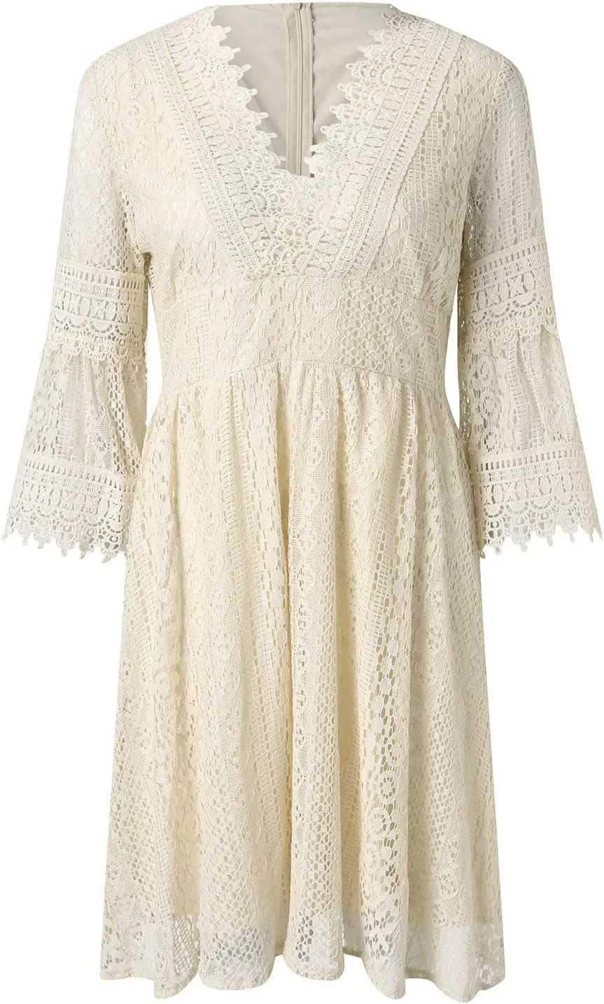 Summer Lace Dresses for Women 2025 Western Casual Half Sleeve Lace V Neck Midi Dress Club Solid Beachy Outfits for Women
