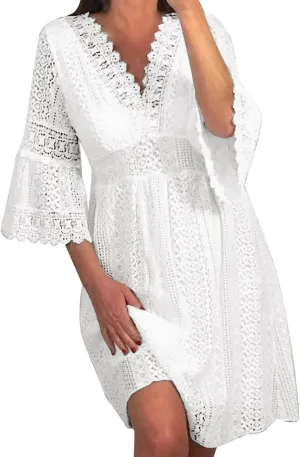 Summer Lace Dresses for Women 2025 Western Casual Half Sleeve Lace V Neck Midi Dress Club Solid Beachy Outfits for Women
