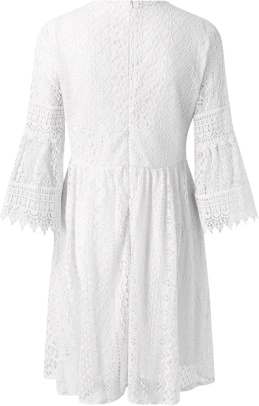 Summer Lace Dresses for Women 2025 Western Casual Half Sleeve Lace V Neck Midi Dress Club Solid Beachy Outfits for Women