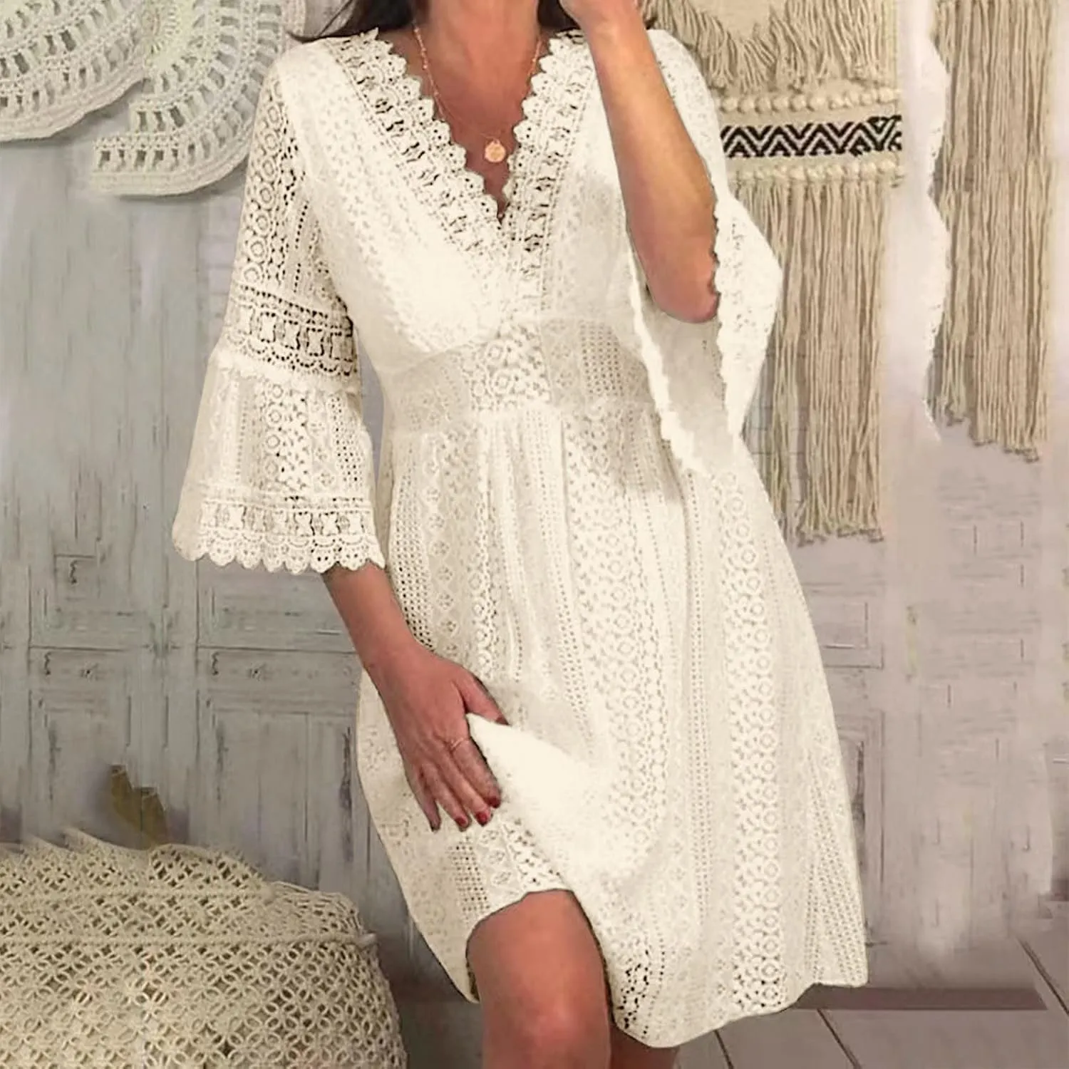 Summer Lace Dresses for Women 2025 Western Casual Half Sleeve Lace V Neck Midi Dress Club Solid Beachy Outfits for Women