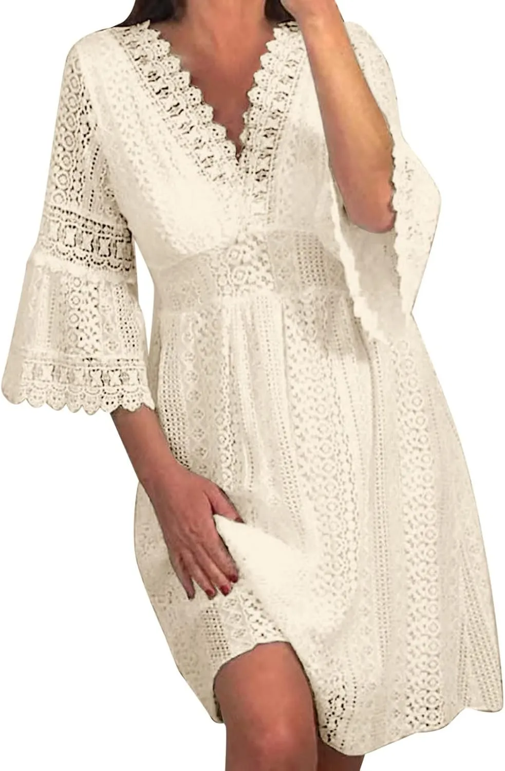 Summer Lace Dresses for Women 2025 Western Casual Half Sleeve Lace V Neck Midi Dress Club Solid Beachy Outfits for Women