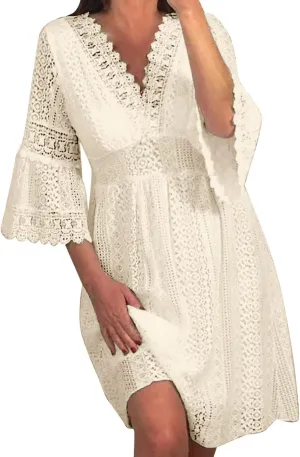 Summer Lace Dresses for Women 2025 Western Casual Half Sleeve Lace V Neck Midi Dress Club Solid Beachy Outfits for Women