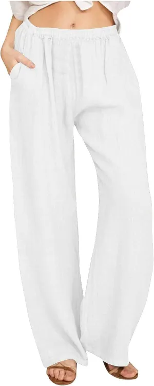 Summer Linen Pants Women 2025 Wide Leg Casual Comfy Drawstring Palazzo Pants Trousers with Pockets Beach Outfits