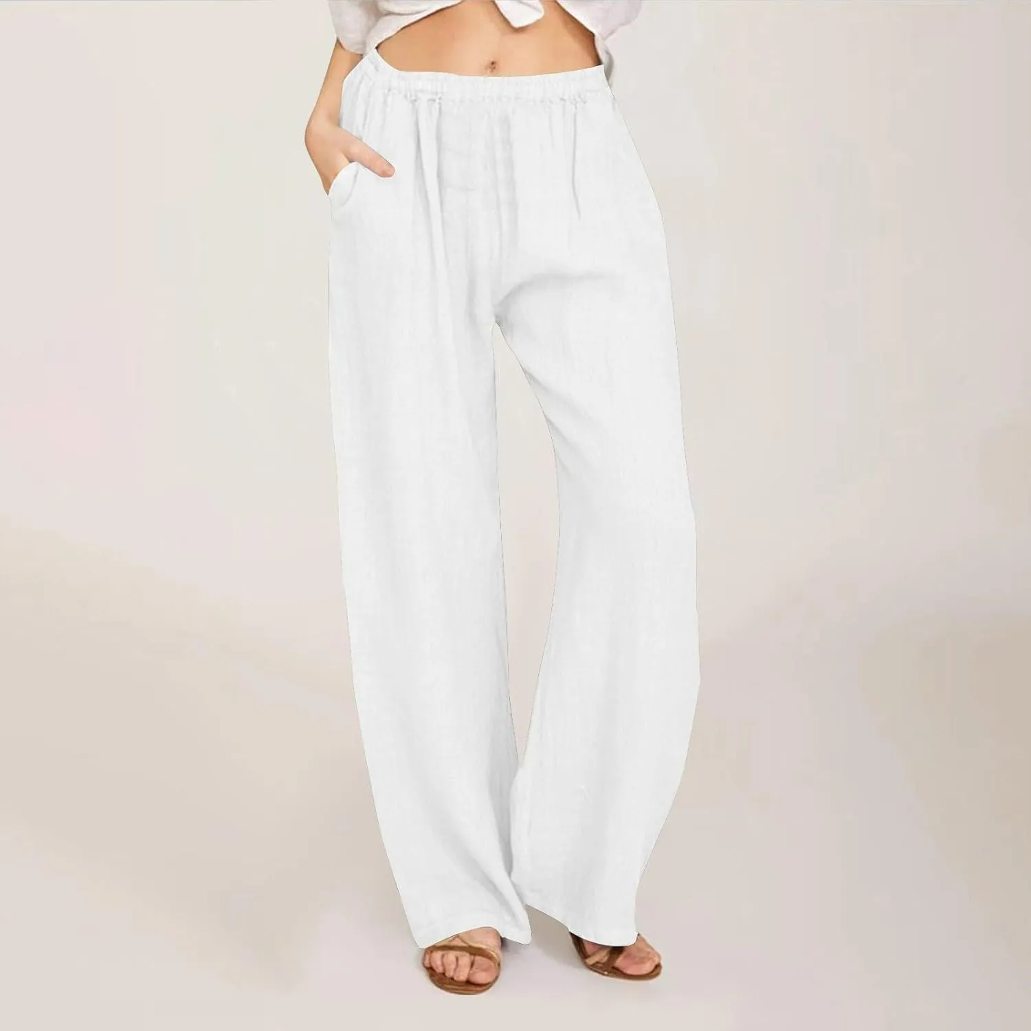 Summer Linen Pants Women 2025 Wide Leg Casual Comfy Drawstring Palazzo Pants Trousers with Pockets Beach Outfits