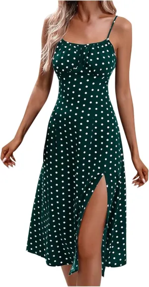 Sundresses for Women 2025 Summer Polka Dot Slit Midi Dress Sleeveless Spaghetti Strap Dresses Beach Vacation Dress