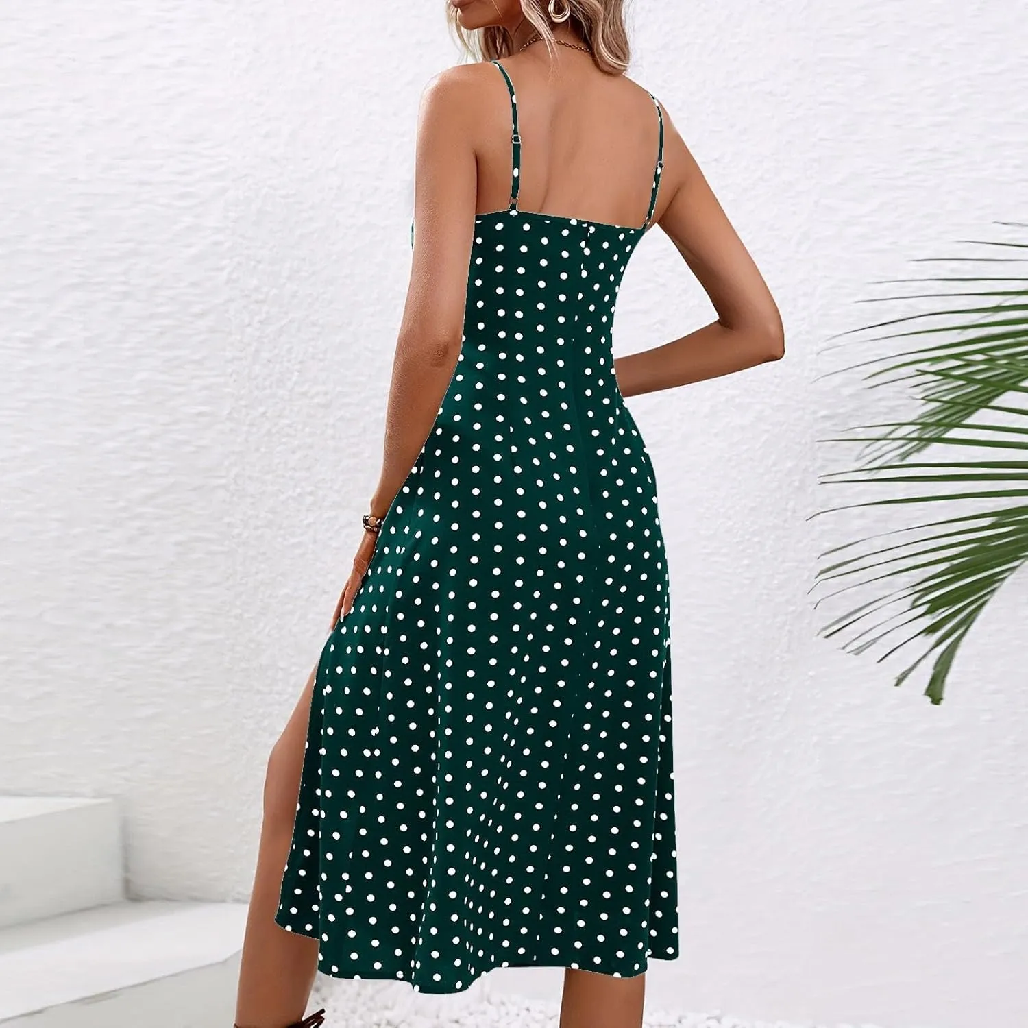 Sundresses for Women 2025 Summer Polka Dot Slit Midi Dress Sleeveless Spaghetti Strap Dresses Beach Vacation Dress