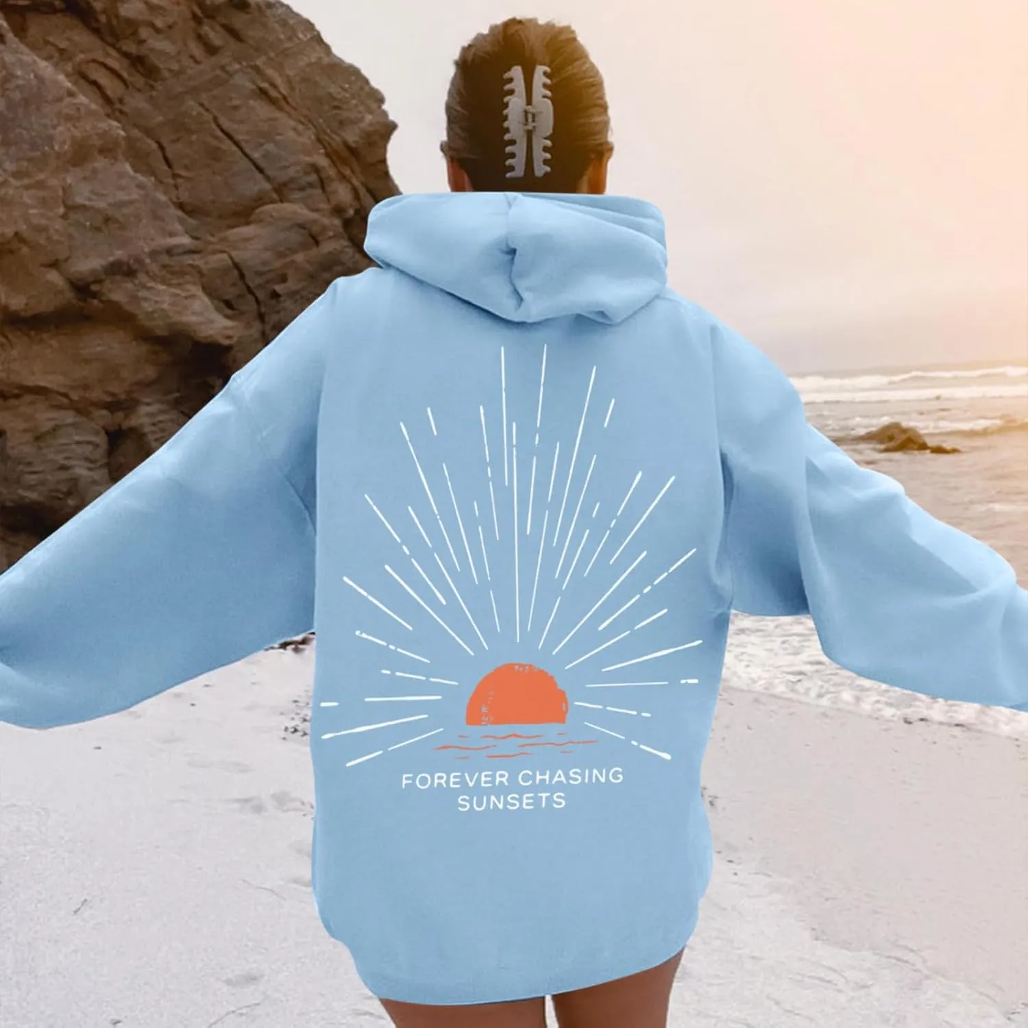Sunsets Graphic Beachy Hoodies for Women Lets Watch the Sunset Hoodie Womens Beach Aesthetic Hooded Sweatshirt