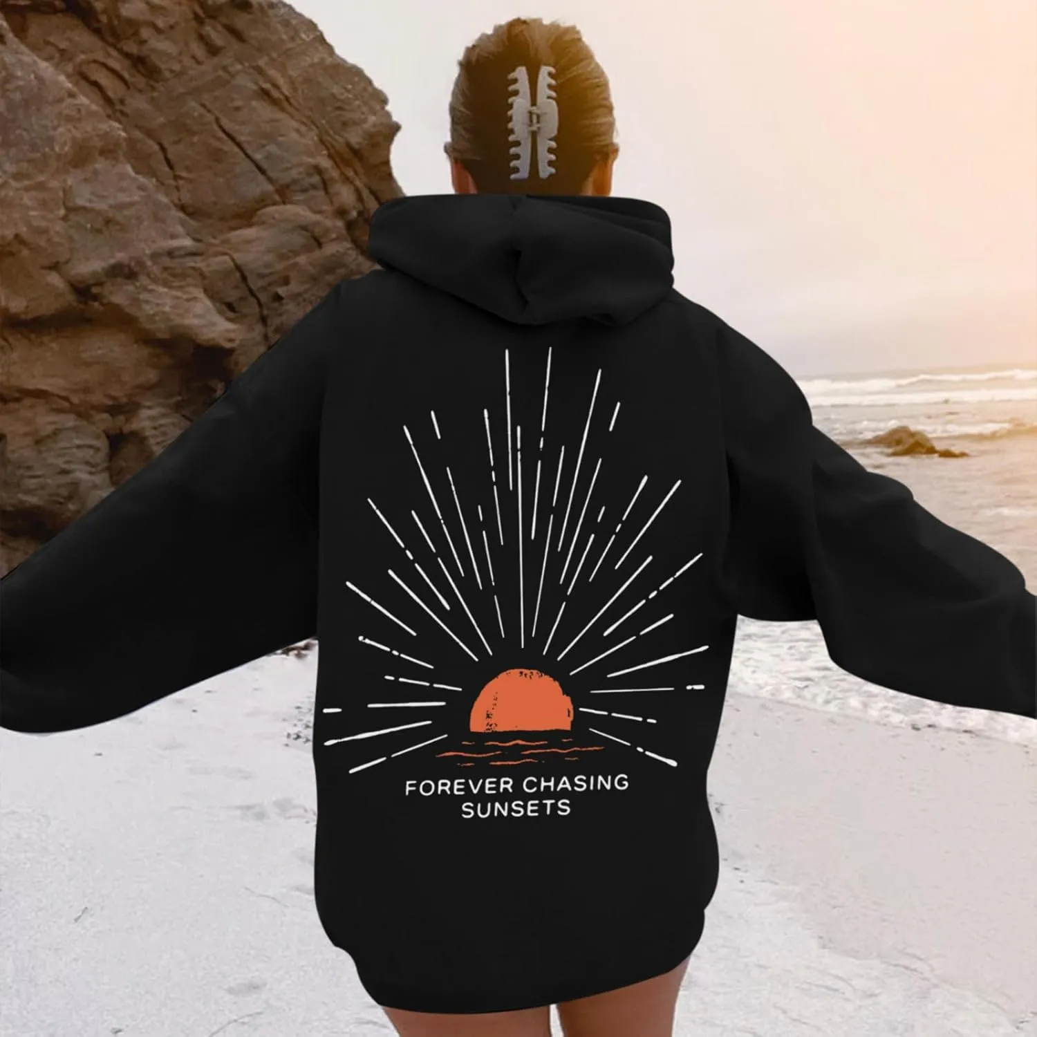 Sunsets Graphic Beachy Hoodies for Women Lets Watch the Sunset Hoodie Womens Beach Aesthetic Hooded Sweatshirt