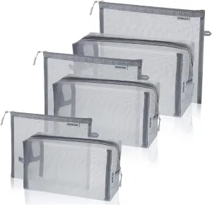 SUPACOOL Set of 6 Travel Mesh Makeup Bag, Cosmetic Organizer Pouche with Zipper, Diaper Organizing Pouches, Nylon Toiletries Bag for Women and Men(6pcs, Gray)