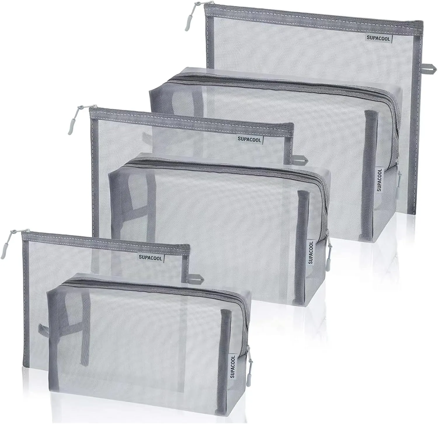 SUPACOOL Set of 6 Travel Mesh Makeup Bag, Cosmetic Organizer Pouche with Zipper, Diaper Organizing Pouches, Nylon Toiletries Bag for Women and Men(6pcs, Gray)