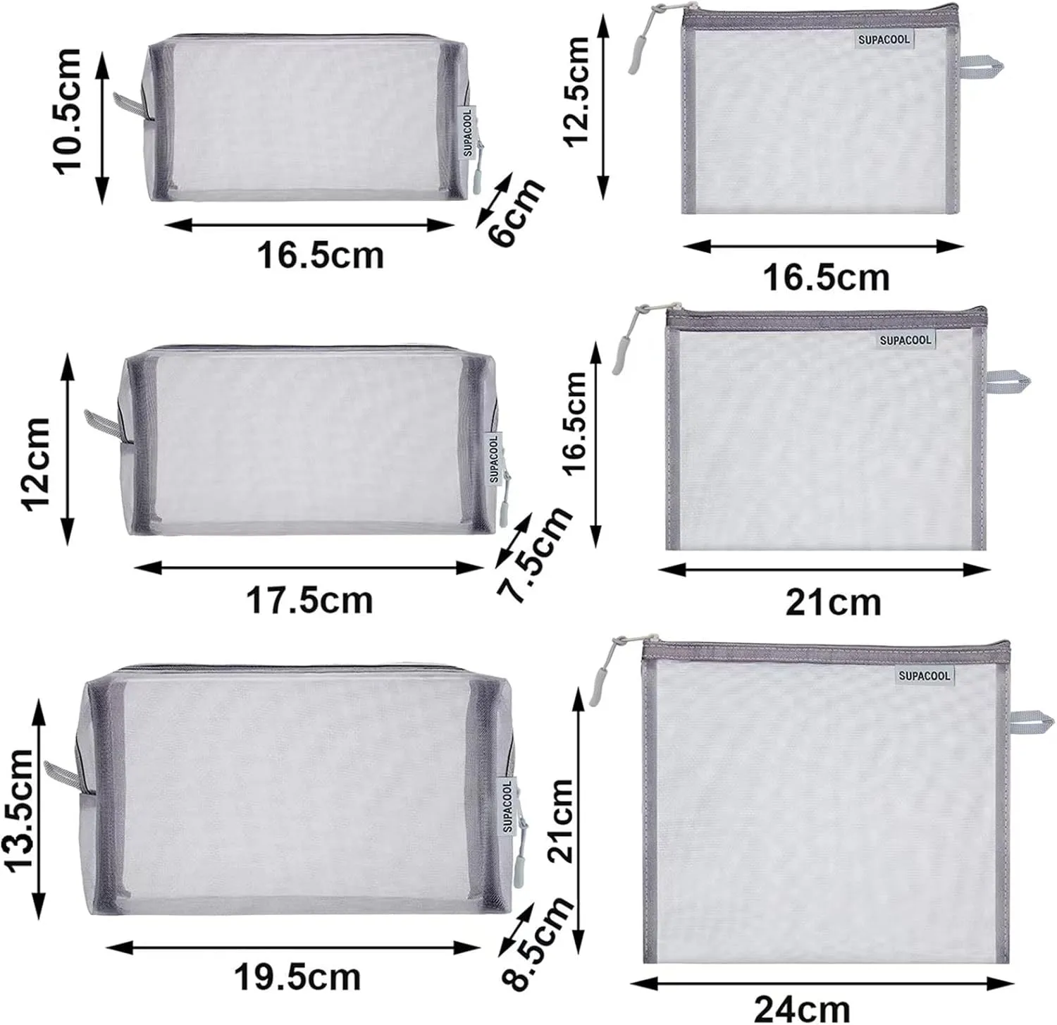 SUPACOOL Set of 6 Travel Mesh Makeup Bag, Cosmetic Organizer Pouche with Zipper, Diaper Organizing Pouches, Nylon Toiletries Bag for Women and Men(6pcs, Gray)