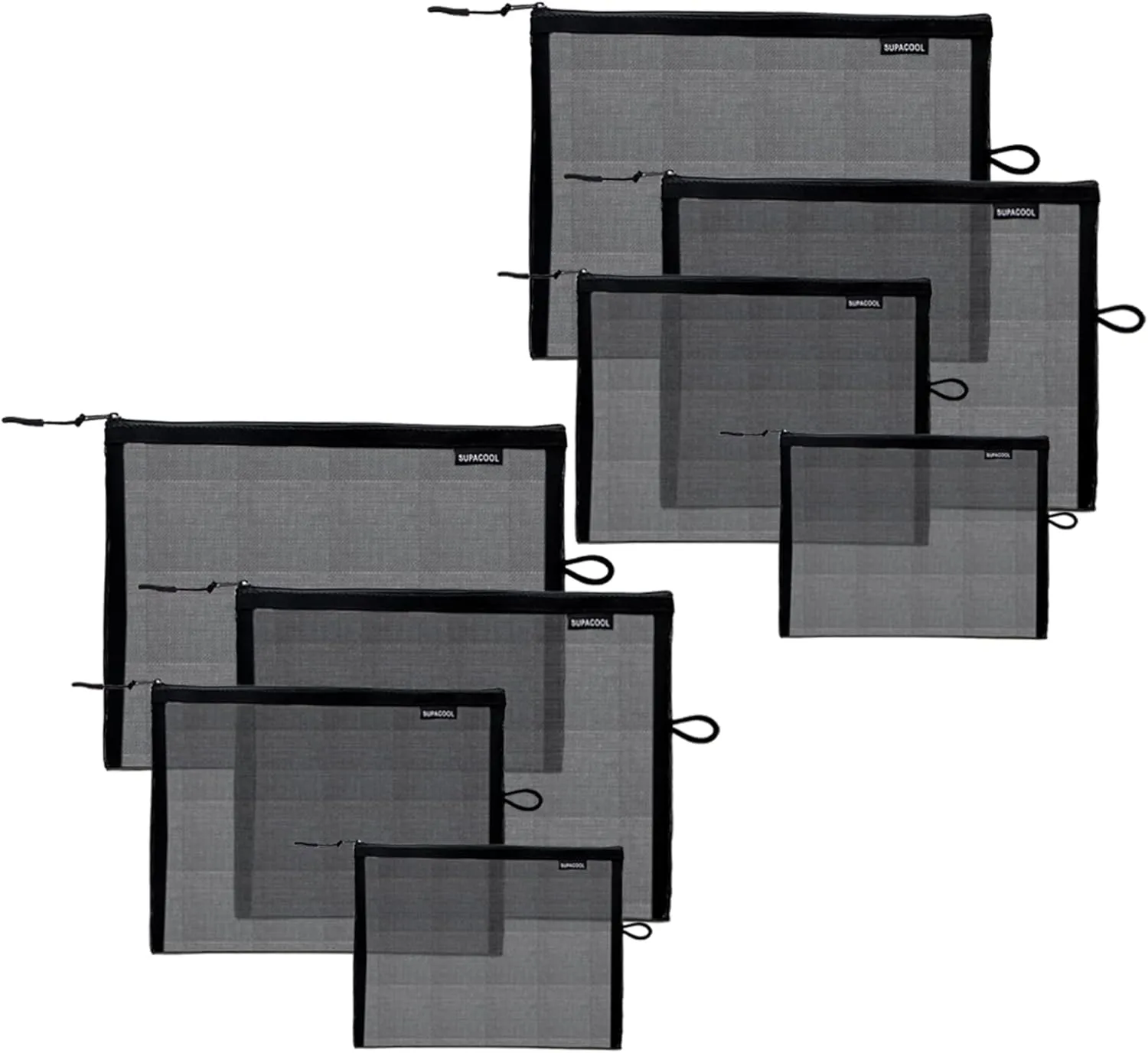 SUPACOOL Set of 8 Travel Mesh Makeup Bag, Cosmetic Organizer Pouche with Zipper, Diaper Organizing Pouches, Nylon Toiletries Bag for Women and Men(8pcs, Black)