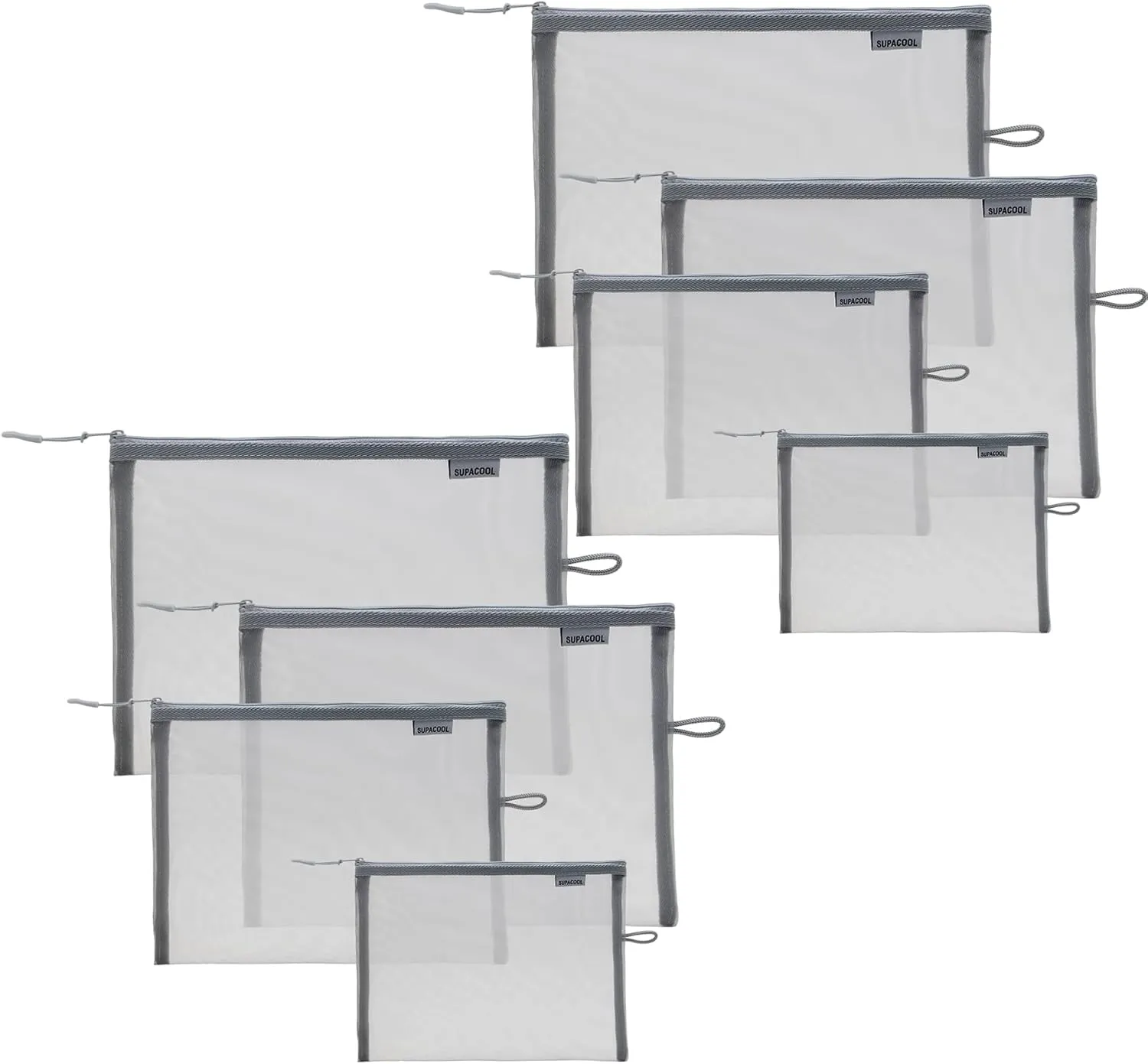 SUPACOOL Set of 8 Travel Mesh Makeup Bag, Cosmetic Organizer Pouche with Zipper, Diaper Organizing Pouches, Nylon Toiletries Bag for Women and Men(8pcs, Gray)