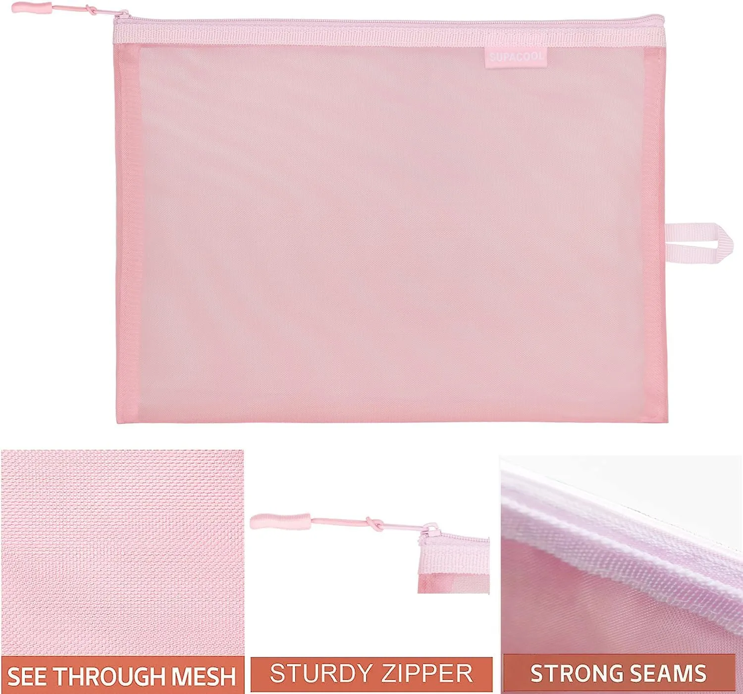 SUPACOOL Set of 8 Travel Mesh Makeup Bag, Cosmetic Organizer Pouche with Zipper, Diaper Organizing Pouches, Nylon Toiletries Bag for Women and Men(8pcs, Pink)