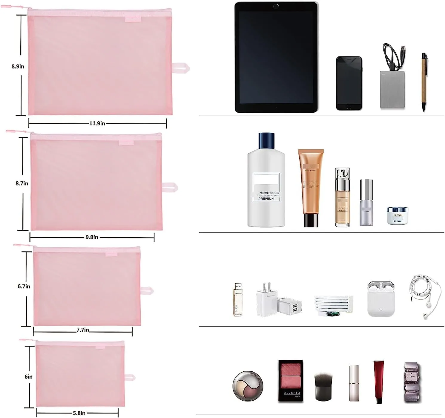 SUPACOOL Set of 8 Travel Mesh Makeup Bag, Cosmetic Organizer Pouche with Zipper, Diaper Organizing Pouches, Nylon Toiletries Bag for Women and Men(8pcs, Pink)