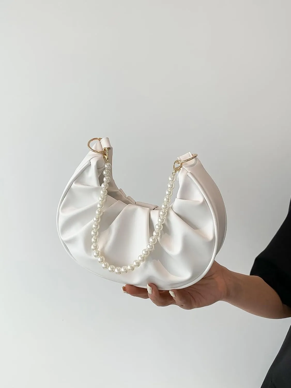 SweatyRocks Women's Elegant Clutch Purse Pearl Strap Shoulder Handbag Small Leather Ruched Bag