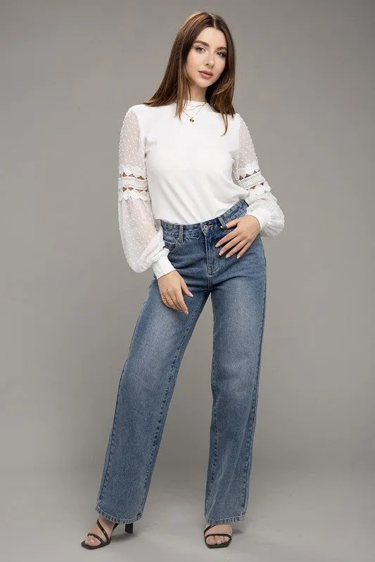 Swiss Dot Lace Bubble Sleeve Top