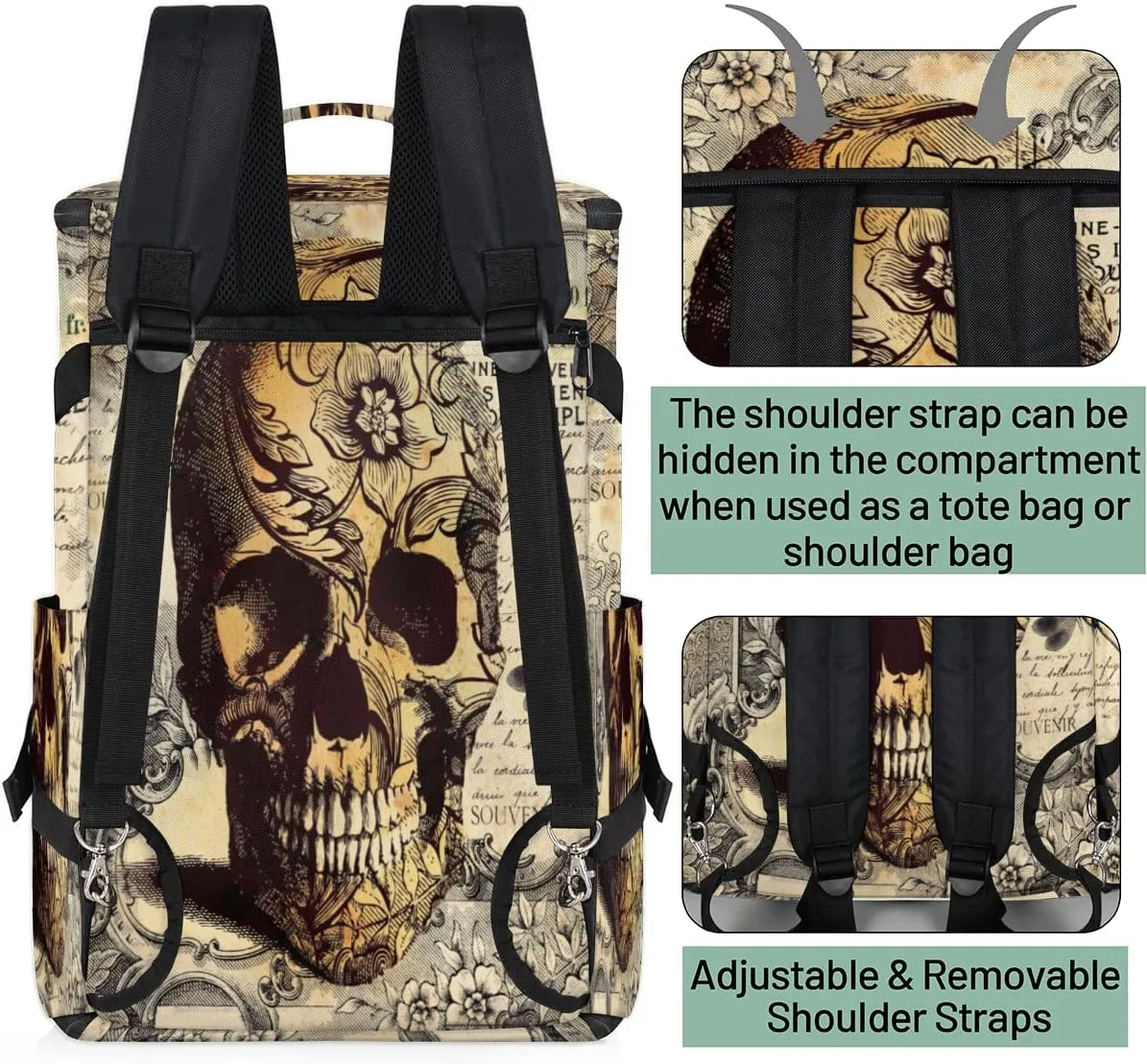 Tatoo Skull Convertible Tote Duffle Backpack Sport Gym Bag with Shoes Compartment, Weekender Travel Hiking Camping-Overnight Rucksack Laptop Bags for Outdoor Indoor