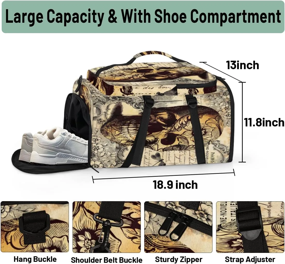 Tatoo Skull Convertible Tote Duffle Backpack Sport Gym Bag with Shoes Compartment, Weekender Travel Hiking Camping-Overnight Rucksack Laptop Bags for Outdoor Indoor