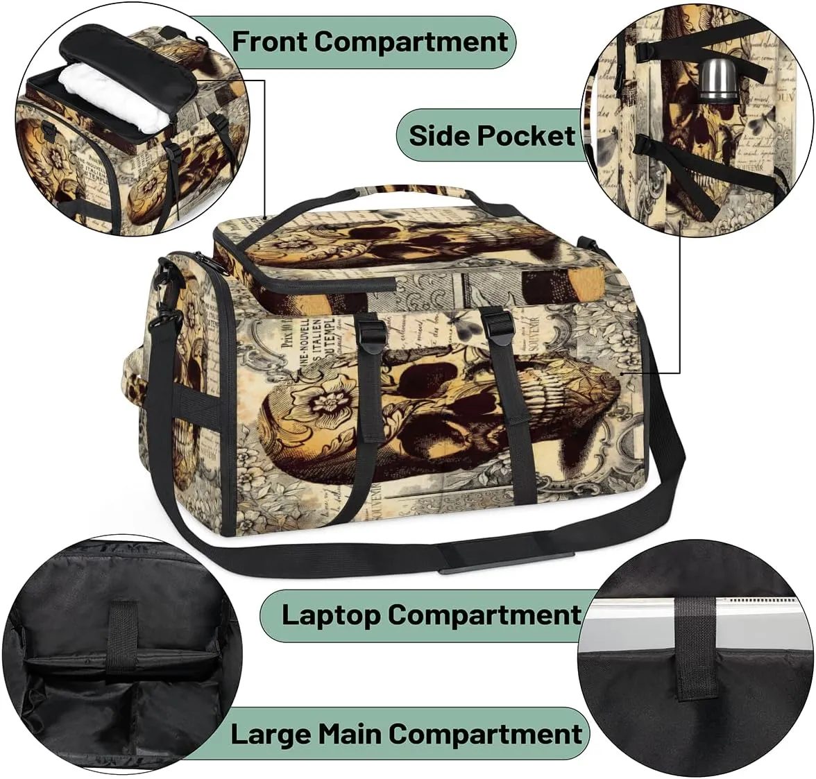 Tatoo Skull Convertible Tote Duffle Backpack Sport Gym Bag with Shoes Compartment, Weekender Travel Hiking Camping-Overnight Rucksack Laptop Bags for Outdoor Indoor