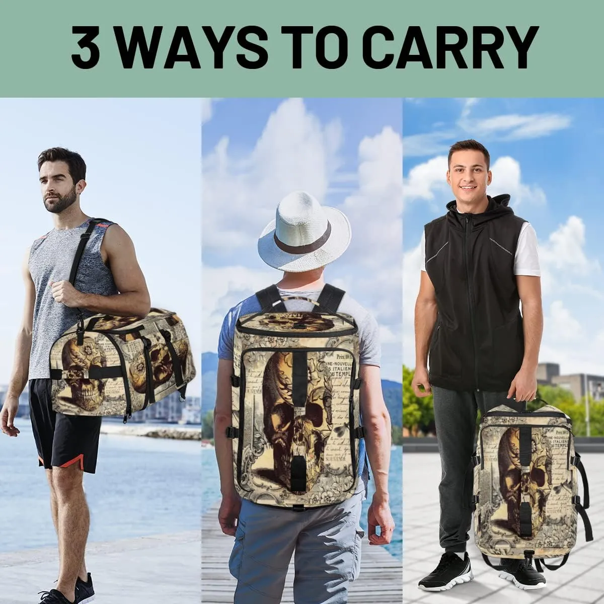 Tatoo Skull Convertible Tote Duffle Backpack Sport Gym Bag with Shoes Compartment, Weekender Travel Hiking Camping-Overnight Rucksack Laptop Bags for Outdoor Indoor