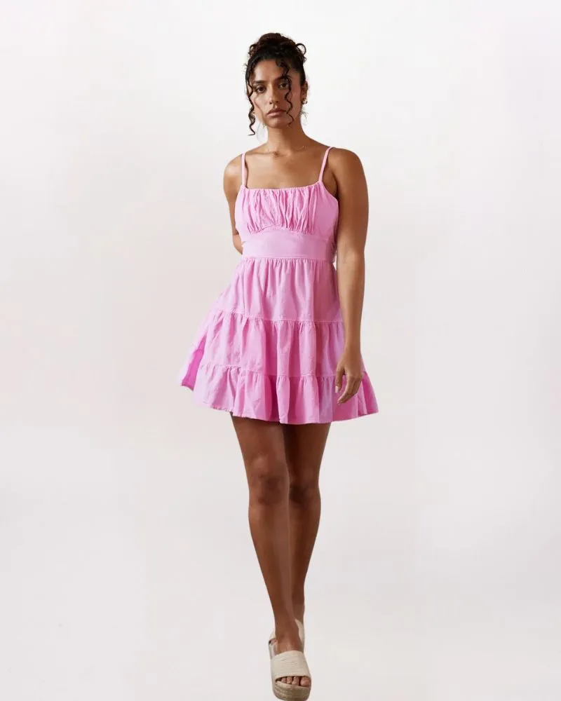 TIERED TIE BCK MINI DRESS, HOT PINK
