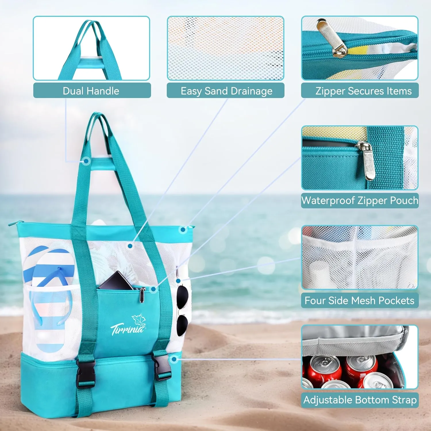 Tirrinia Mesh Beach Bag with Cooler Compartment, Extra Large Totes for Beach Travel, Functional Fashion Beach Bag for Women