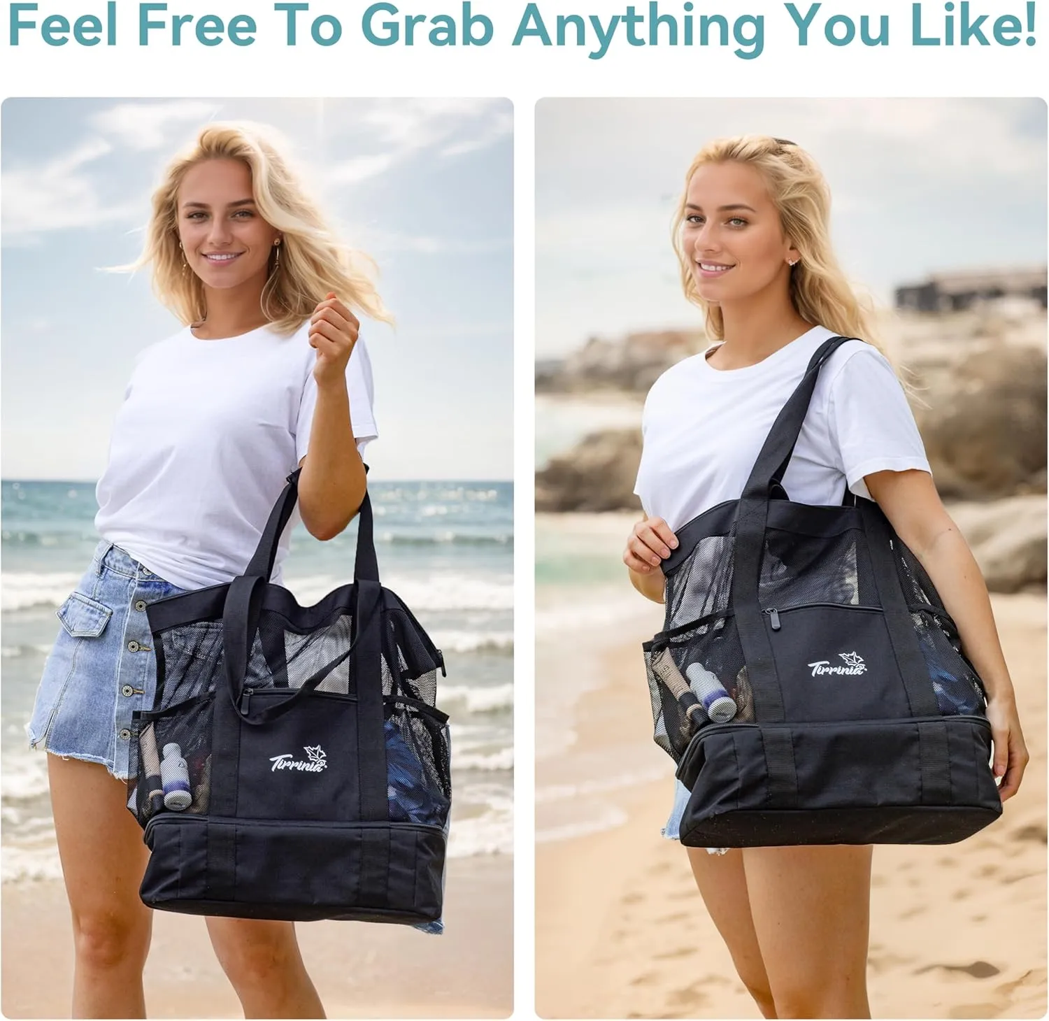 Tirrinia Mesh Beach Bag with Cooler Compartment, Extra Large Totes for Beach Travel, Functional Fashion Beach Bag for Women