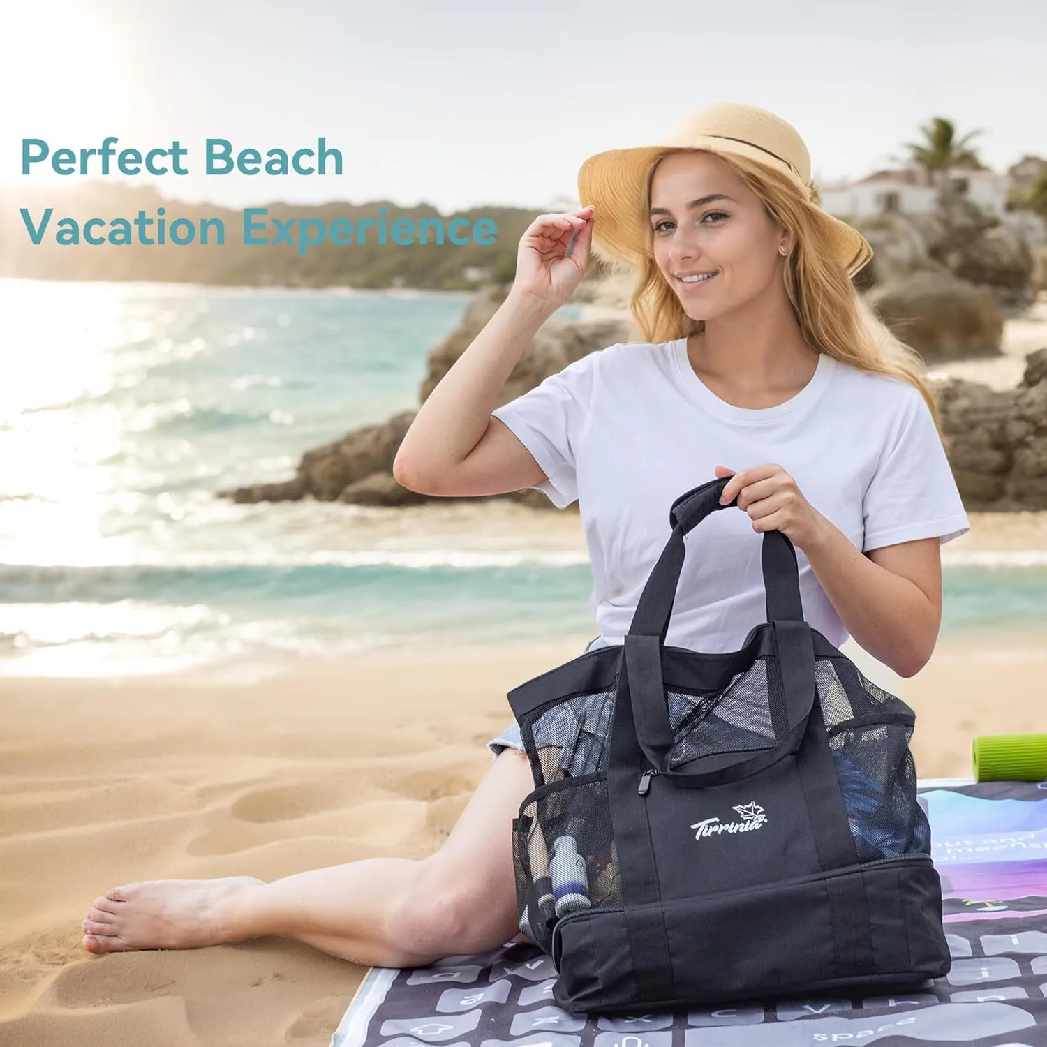 Tirrinia Mesh Beach Bag with Cooler Compartment, Extra Large Totes for Beach Travel, Functional Fashion Beach Bag for Women
